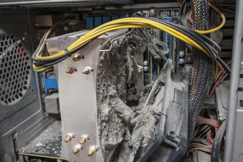 Close-up of a cpu cooling system heatsink contaminated with dust that can no  Stock Photos