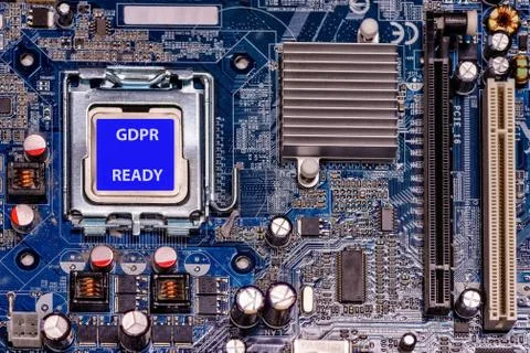 Close-up CPU with label GDPR READY on computer mother board Stock Photos