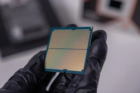 Close-up of a cpu processor's golden pin grid array held with black gloves, e 스톡 사진