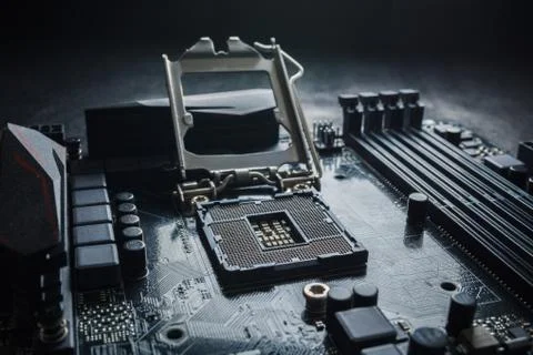 Close-Up of CPU Socket on a Modern Computer Motherboard. Electronic Small Foto stock