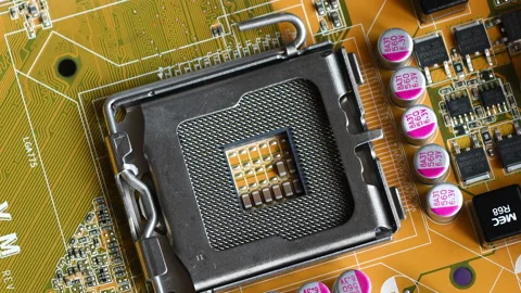 Close up on CPU Socket of a modern PC Motherboard. Stock Footage 233076369
