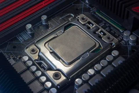 Close up cpu socket on motherboard Computer PC with cpu processor 스톡 사진