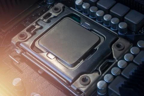 Close up cpu socket on motherboard Computer PC with cpu processor 写真素材