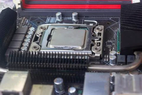 Close up cpu socket on motherboard Computer PC with cpu processor Stock Photos