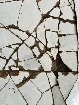 Close-up of cracked white ceramic tile surface with damaged grout lines Stock-Fotos