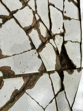 Close-up of cracked white ceramic tile surface with damaged grout lines Foto stock