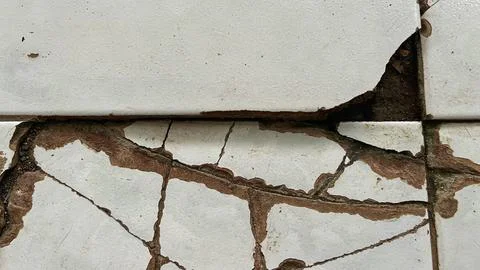 Close-up of cracked white ceramic tile surface with damaged grout lines Foto stock