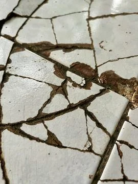 Close-up of cracked white ceramic tile surface with damaged grout lines Foto stock