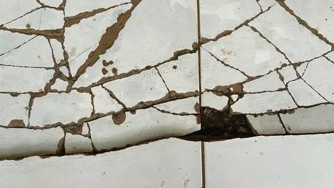 Close-up of cracked white ceramic tile surface with damaged grout lines Fotos de archivo