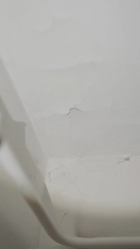 Close-up of cracked white plaster peeling off a damp wall Stock Footage 333527198