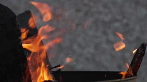 Close-up, Crackling Flame and Glowing Frame in Slow Burning Wood Stock Footage 345937173