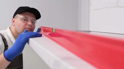 Close-up of craftsman in black cap with construction level. Vídeos de archivo 234539971