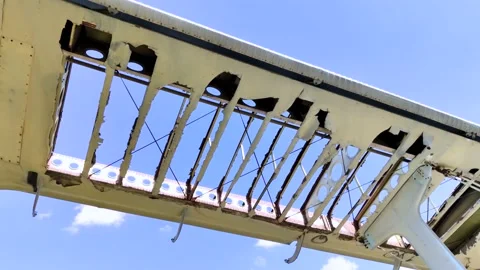 Close-up of a crashed airplane wing. The metal frame and internal parts are visi Video stock 155779905
