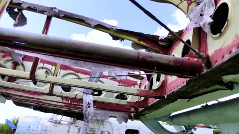 Close-up of a crashed airplane wing. The metal frame and internal parts are visi Video stock 155779981