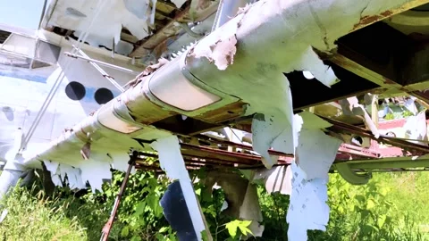 Close-up of a crashed airplane wing. The metal frame and internal parts are visi Stock Footage 155779997
