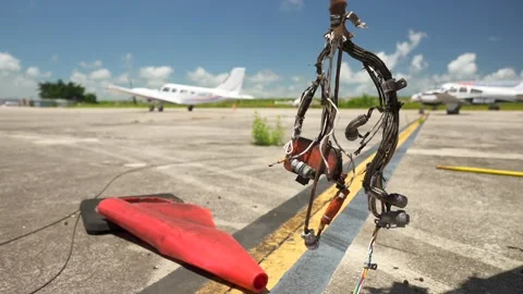 Close-up of crashed orange cone on the runway at the airport and hanging wires Stock Footage 201275192