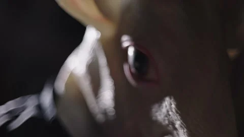 Close up of a crazy masked psycho shaking, animal having an attack. Stock Footage 145832252