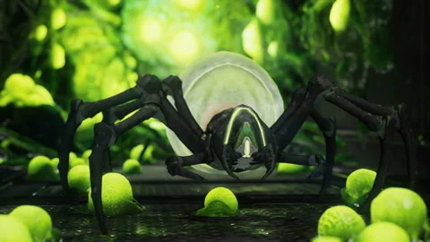 A close-up of a creepy alien spider walking down the corridor of a spaceship. An Stock Footage 239151769