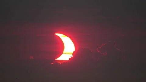 Close-up of crescent-shaped sun during partial solar eclipse at dawn. Stock Footage 155669768