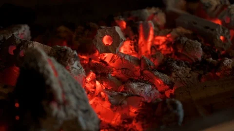 Close-up  crest of flame on burning wood in fireplace Stock Footage 102577277