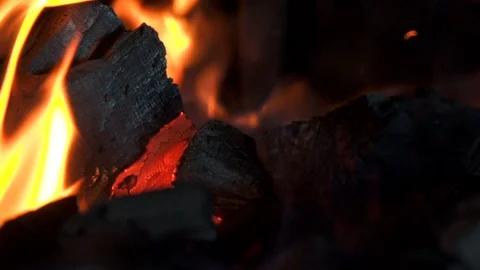 Close-up  crest of flame on burning wood in fireplace Stock-Footage 102578556