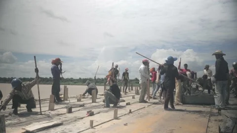  close up of crews are busy in working  the new bridge’s deck joints Stock Footage 158518296