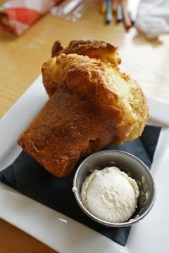 Close up crispy bread toast served with clotted cream curd Stock Photos