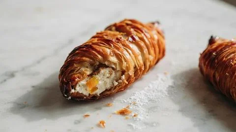 Close-up of a crispy cannoli shell filled with creamy ricotta and topped with Fotos de archivo