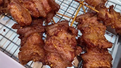 Close Up of Crispy Fried Meat Skewers on Wire Rack 스톡 동영상 343763964