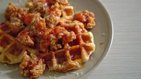 Close-up of crispy waffle with syrup on a plate Stock Photos