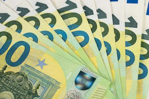 Close crop showcasing security features on euro banknotes, microprint detail, Stock Photos