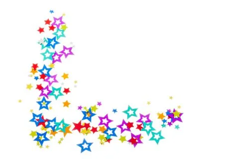 Close-up cropped shot of decorative star shapes arranged on plain white backg Stock Photos