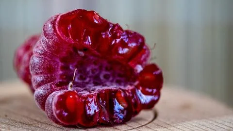 Close-up. Cross section of a raspberry. Red ripe summer berries. Stock Photos