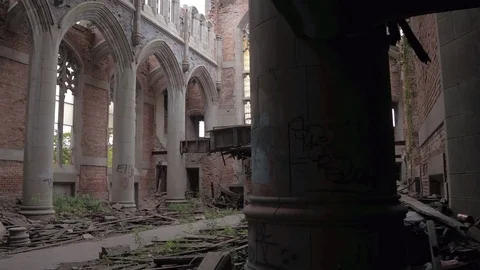 CLOSE UP Crumbling chancel and nave in ruined sanctuary at City Methodist Church Stock Footage 76283091