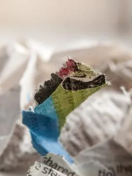 Close up of crumpled up newspaper studio macro Stock Photos