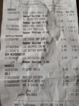 Close-up of crumpled receipt listing items and prices 写真素材