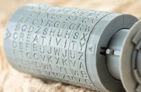 Close-up cryptex with rings of letters - plastic parts printed on a 3D printer. Stock Photos