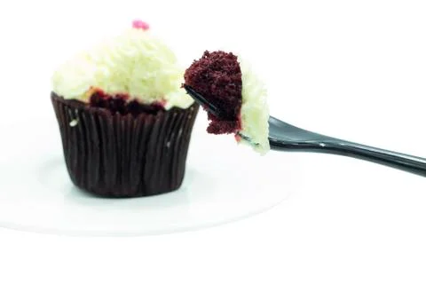 Close up cup cake texture layer with black fork Stock Photos