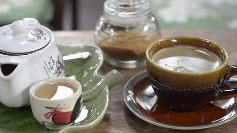 Close up Cup of coffee and tea set. Stock Footage 80047539