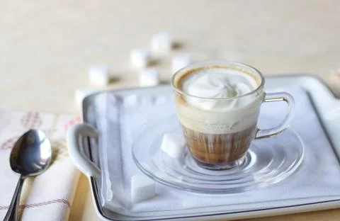 Close up of cup of coffee cream on the table, copy space Stock Photos