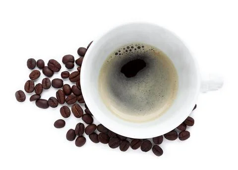 Close up of A cup of espresso coffee with roasted coffee beans  Stock Photos