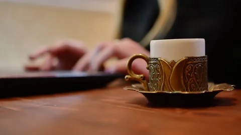 Close up cup of espresso coffee stands on the table Stock Footage 141005578