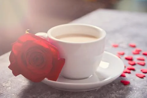 Close up of cup of tea with red rose and small candy hearts on the table. Stock Photos