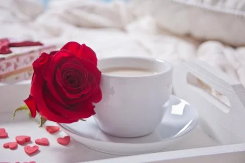 Close up of cup of tea with red rose and small candy hearts on the table Photos