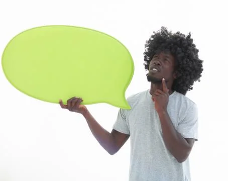 Close up. curly-haired guy with a speech bubble. Stock Photos