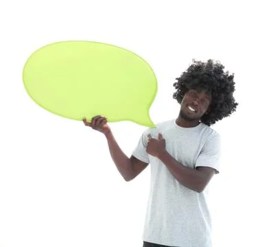 Close up. curly-haired guy with a speech bubble. Stock Photos