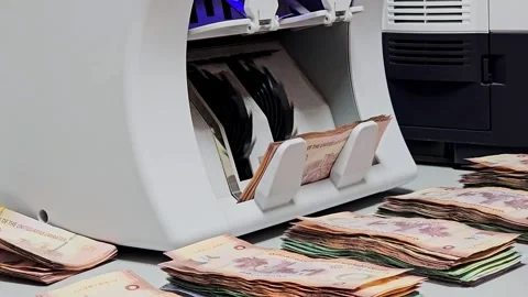 Close up of a currency counting machine efficiently processing stacks of money Stock Footage 311766219