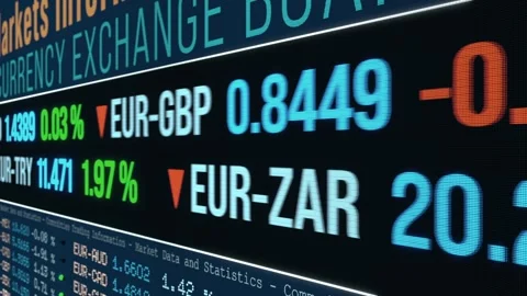 Close up currency exchange ticker board with rates for US dollar, Japanese yen,  Stock Footage 277873459