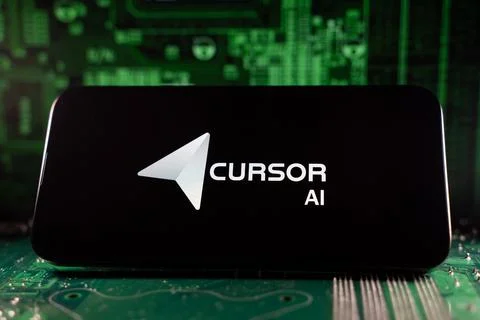 Close up of Cursor AI logo on device with circuit board background. Toronto, Foto stock