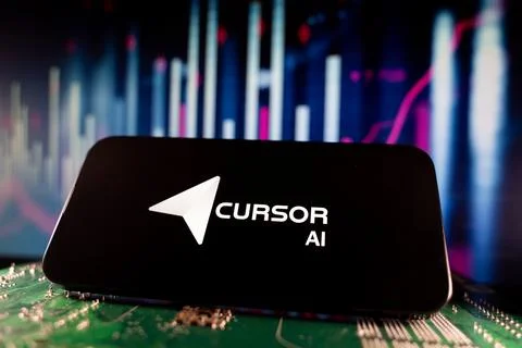 Close up of Cursor AI logo on smartphone screen with technology and financial Foto stock